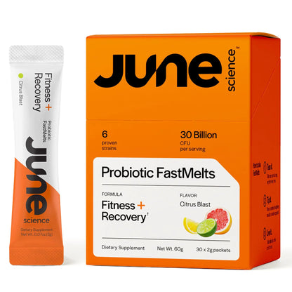June Science Fitness + Recovery | Fast Melt Pre + Probiotic for Muscle Recovery + Training - Citrus Blast Flavor, 30 Powder Sachets June Science