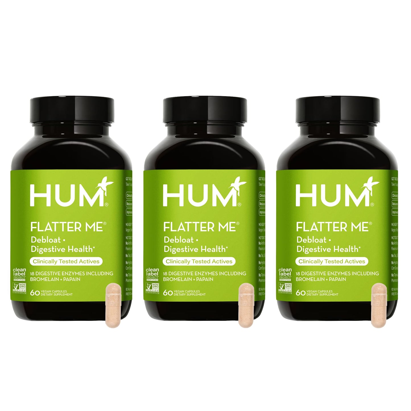 HUM Flatter Me Extra Strength Digestive Enzymes for Women, Men, Digestive Gut Bloating Supplement, Ginger, Peppermint Leaf, Fast Acting Anti Bloat Pills Multi Enzyme for Debloating, 60 Capsules