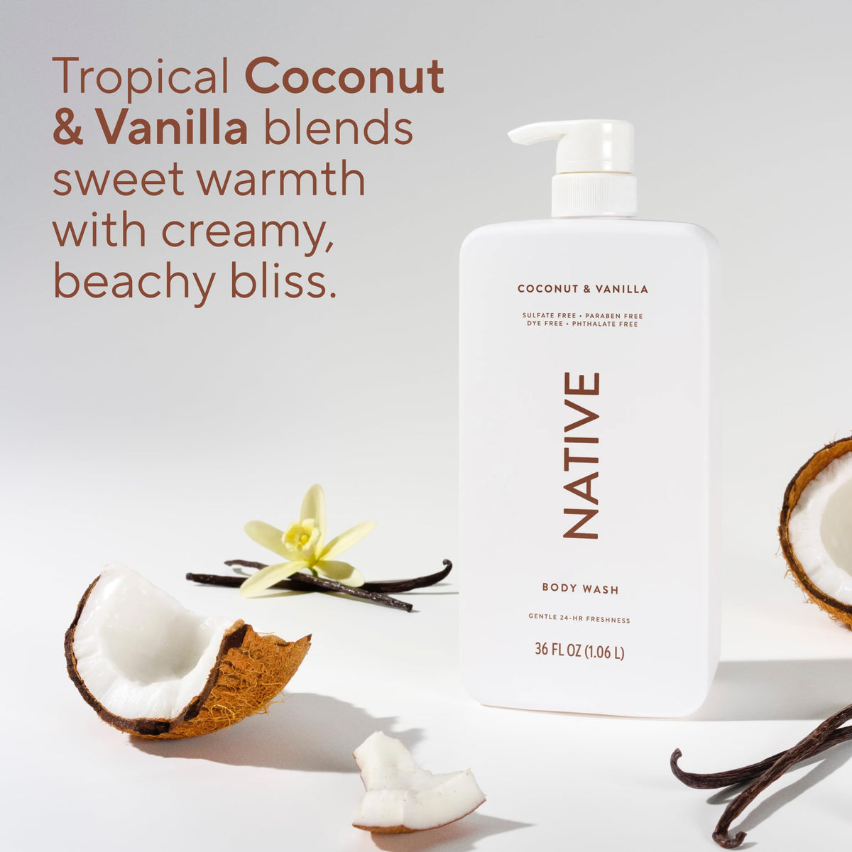 Native Clean Body Wash, Gentle & pH-balanced for Sensitive Skin, 24-Hr Freshness for Women & Men, Vegan & Cruelty-Free, Free of Sulfates, Parabens & Phthalates, Coconut & Vanilla, 36 oz Native
