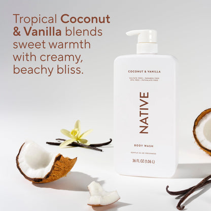 Native Clean Body Wash, Gentle & pH-balanced for Sensitive Skin, 24-Hr Freshness for Women & Men, Vegan & Cruelty-Free, Free of Sulfates, Parabens & Phthalates, Coconut & Vanilla, 36 oz Native