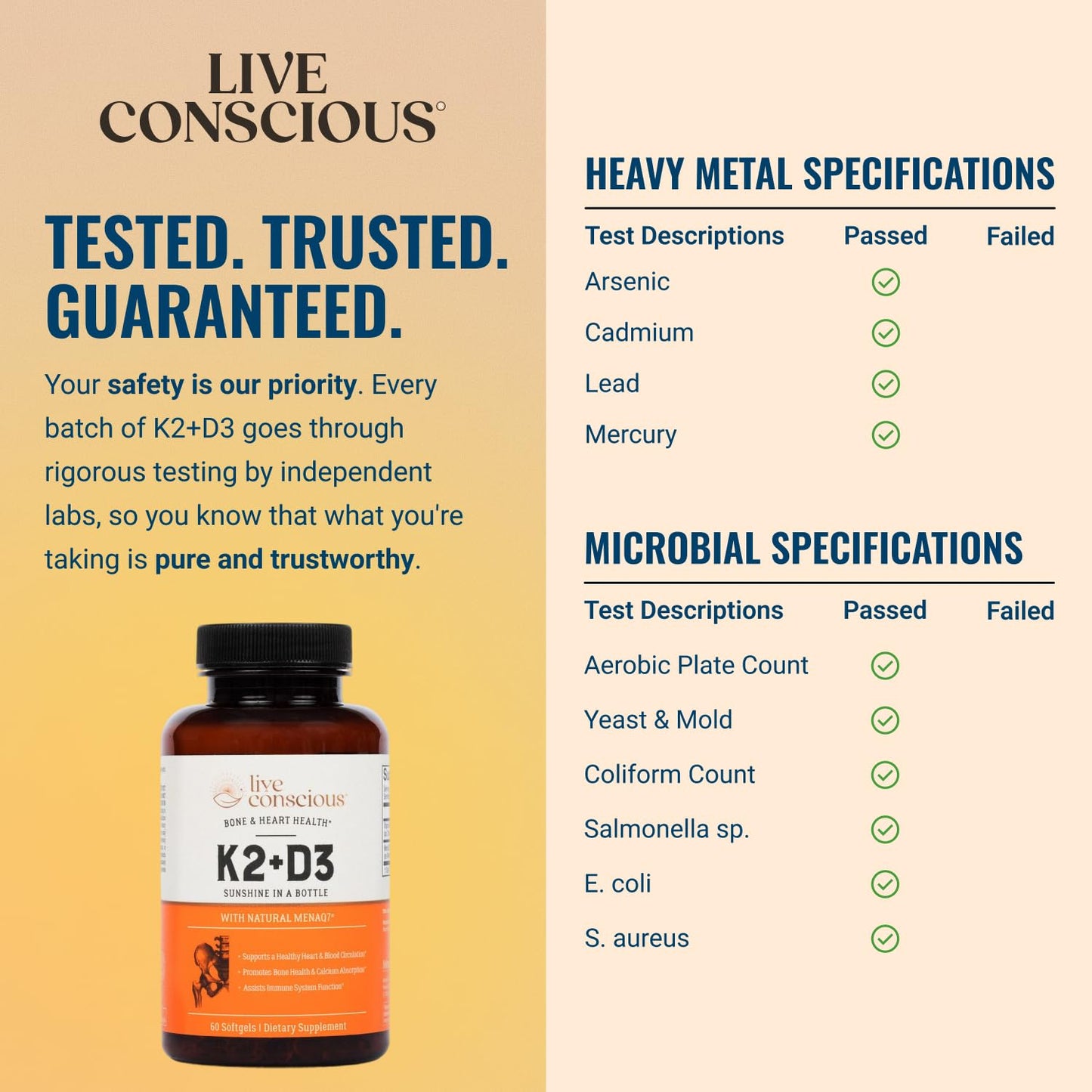 Live Conscious Vitamin K2 MK7 with D3 Supplement | Bone & Heart Health Support - Patented Vitamin K & Vitamin D3 5000 IU - 60 Softgels Live Conscious