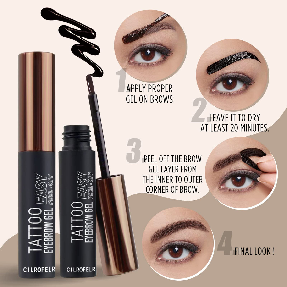 Cilrofelr Tattoo Peel Off Eyebrow Gel, Easy Tattoo Brow Peel Off Gel, Last Up to 3 Days, Waterproof, Transfer-proof, For Fuller & Defined Looking Brows, Dark Brown (2 Pack) Cilrofelr
