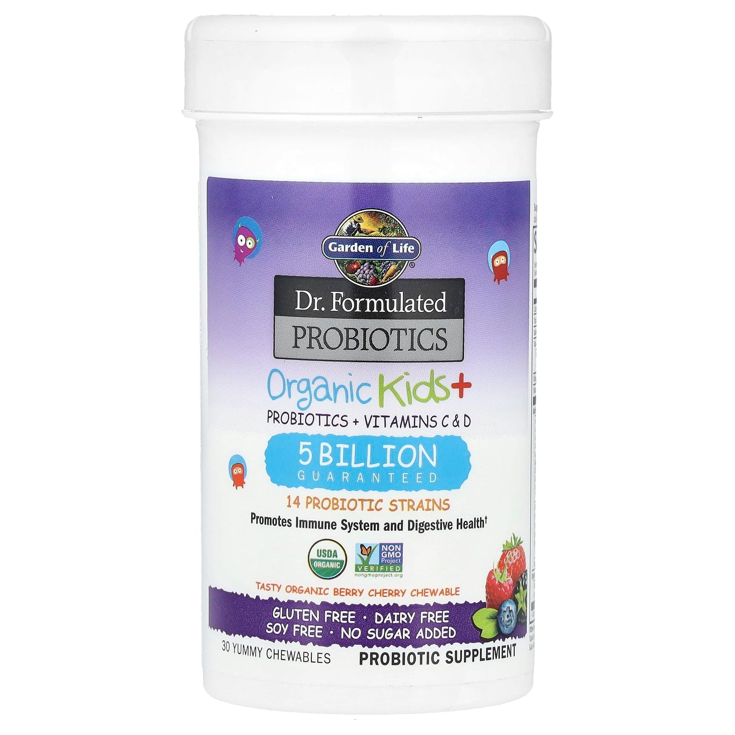 Garden of Life Dr. Formulated Probiotics Organic Kids+ plus Vitamin C & D - Berry Cherry - Gluten, Dairy & Soy Free Immune & Digestive Health Supplement Garden of Life
