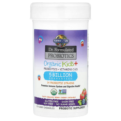 Garden of Life Dr. Formulated Probiotics Organic Kids+ plus Vitamin C & D - Berry Cherry - Gluten, Dairy & Soy Free Immune & Digestive Health Supplement Garden of Life