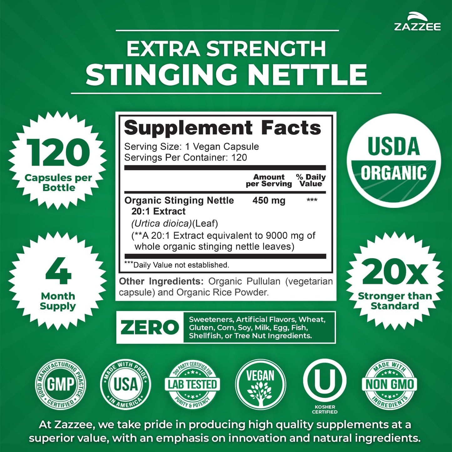 Zazzee USDA Organic Stinging Nettle Leaf 20:1 Extract, 120 Vegan Capsules | 4 Month Supply, Respiratory, Immune & Seasonal Wellness Support, Urtica Dioica, Organic Herbal Supplement, Made in the USA Gsupps Australia