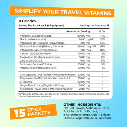 FlyWell Travel Vitamin Tonic for Flight, Jet Lag, Hydration, Circulation, Digestion & Immune Support, Promotes Calmness, Electrolyte Powder, Travel Essentials, FlyWell