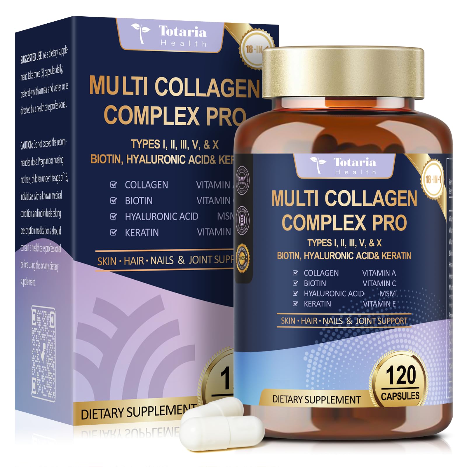 18-in-1 Collagen Pro with Hyaluronic Acid, Keratin, Biotin, VIT A C & E for Skin, Hair, Nails, Joint & Beauty - Multi Collagen Peptides Capsules with Type I II III V & X for Women & Men - 120 Caps Totaria buy australia supplements