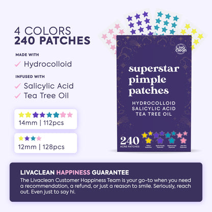 Livaclean 240CT Star Pimple Patches for Face w/ Hydrocolloid, Tea Tree oil & Salicylic Acid - Zit Stickers, Hydrocolloid Acne Patches for Face - Cute Pimple Patch, Acne Stickers LivaClean