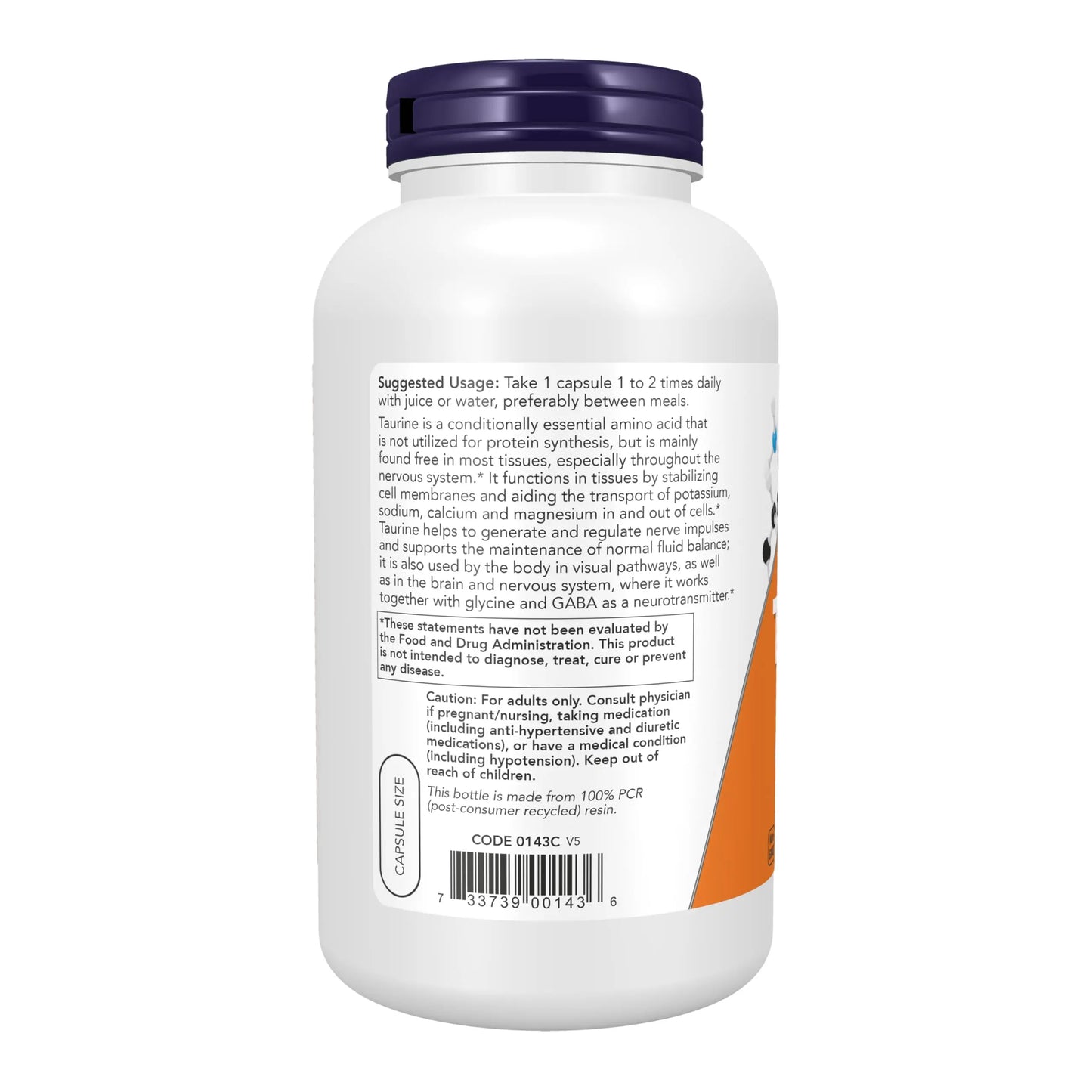 NOW Foods Supplements, Taurine 1,000 mg, Double Strength, Nervous System Health*, 250 Veg Capsules NOW Foods