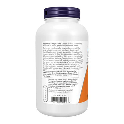 NOW Foods Supplements, Taurine 1,000 mg, Double Strength, Nervous System Health*, 250 Veg Capsules NOW Foods