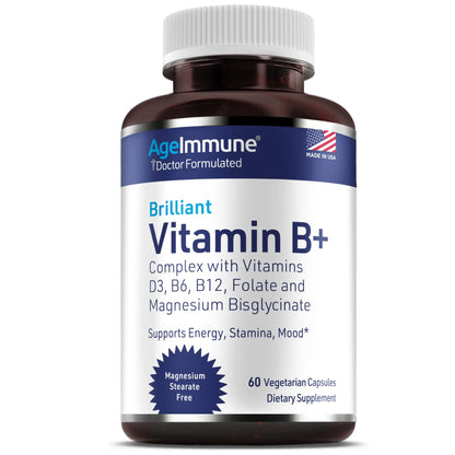 AgeImmune Vitamin B Complex with Vitamin D3 B12 B6 Magnesium Bisglycinate and Folate as Methylfolate - Doctor Formulated Methylated B Complex Supplement AgeImmune
