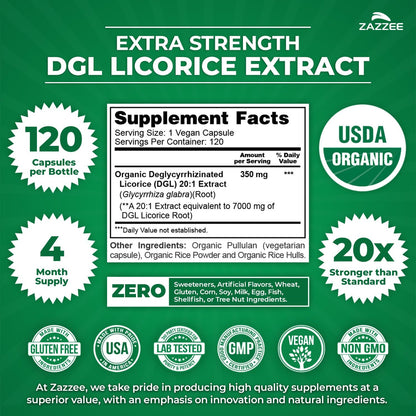 Zazzee USDA Organic DGL Licorice 20:1 Extract, 120 Vegan Capsules | 4 Month Supply, Deglycyrrhizinated Licorice Root, Glycyrrhiza Glabra, Digestive & Stomach Support, All-Natural, Made in USA Gsupps Australia