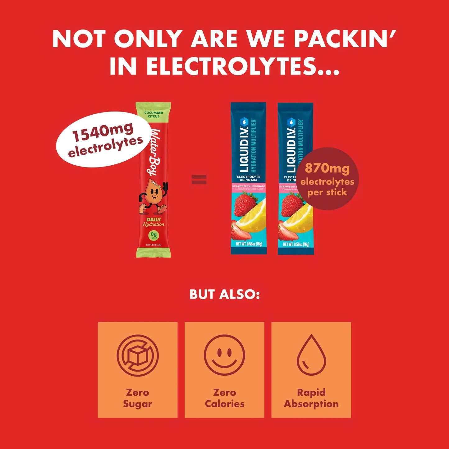 Waterboy Daily Hydration | 1,570mg Electrolyte Powder Packets | No Sugar, All Natural, Gluten Free, Zero Calories | 15 Drink Stick Mixes (Watermelon) Waterboy