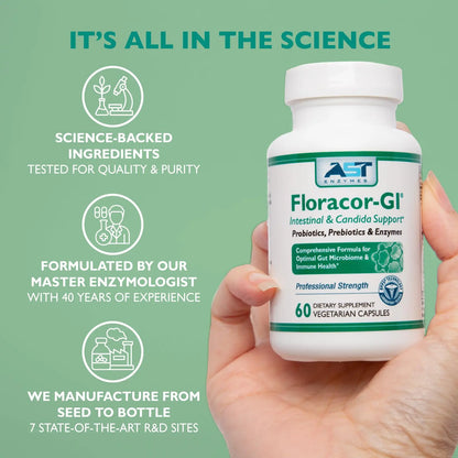 AST Enzymes Floracor - Supports Gut & Intestinal Health - Premium Probiotic, Prebiotic and Enzyme Formula - 60 Vegetarian Capsules AST Enzymes