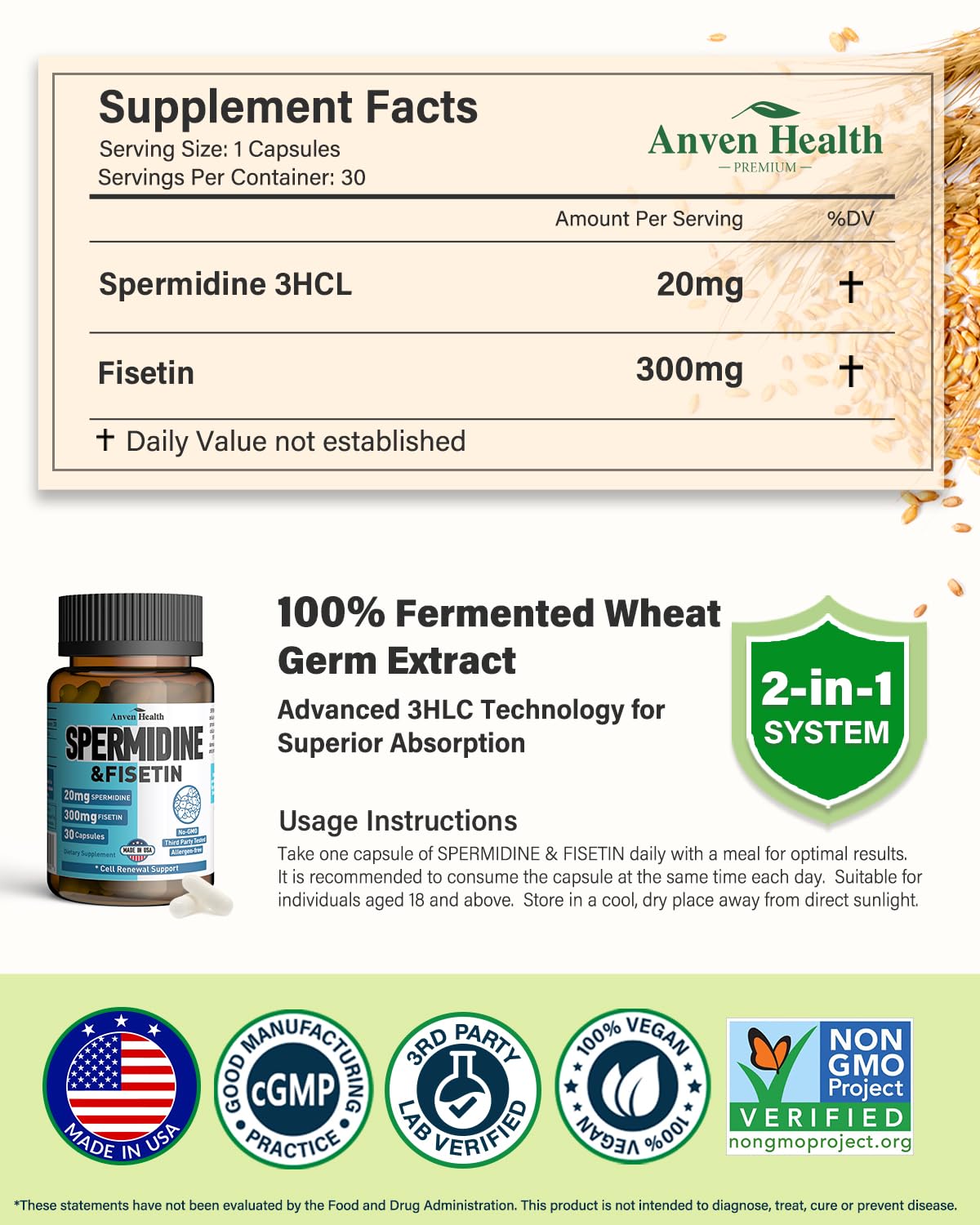 Spermidine & Fisetin Supplement - 20mg of 99% Spermidine Per Serving, 3HCL & 300mg Fisetin for Women Men Cell Renewal, Aging Defense & Longevity, Gluten Free, Non-GMO, Made in USA | 30 Veggie Caps Anven Health buy australia supplements