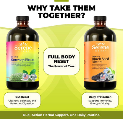Serene Herbs Soursop Bitters Liquid & Black Seed Bundle – Organic Herbal Guanabana for Digestive Support & Immune Health – Vegan, Non-GMO – 32 oz (16 oz Each), (2 Pack)