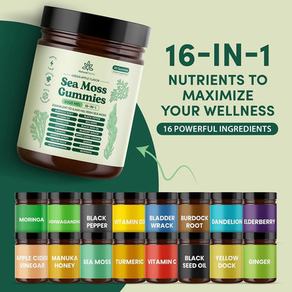 Natural Rems Sea Moss Gummies 16-in-1 - Ashwagandha Black Seed Oil Bladder Wrack Turmeric Vitamin C & D3 with Manuka Burdock Root Dandelion Yellow Natural Rems