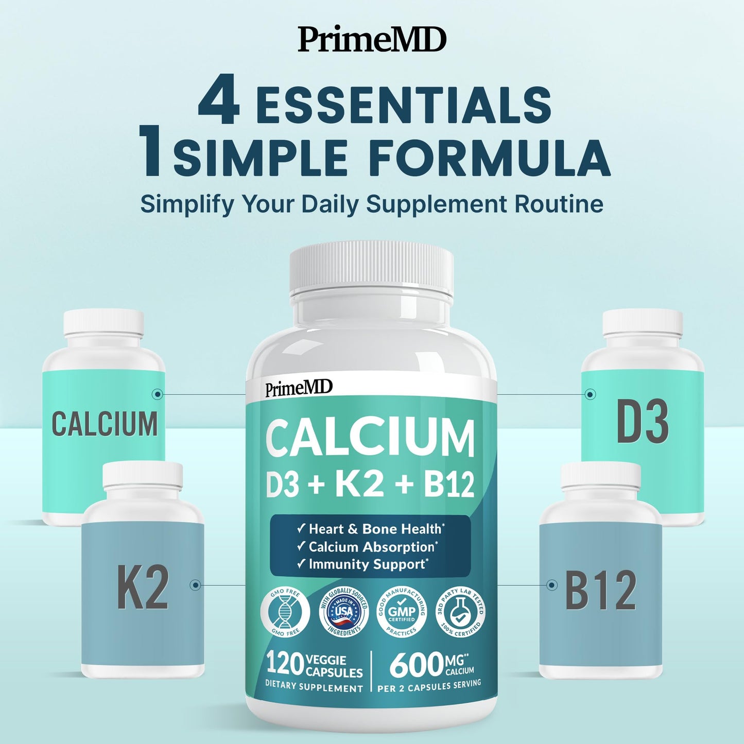 4-in-1 Calcium Supplements for Women & Men - Calcium Citrate with D3 K2 Vitamin 5000 IU - Calcium 600mg with Vitamin D3 K2 - Everyday Vitality Supplement - PrimeMD