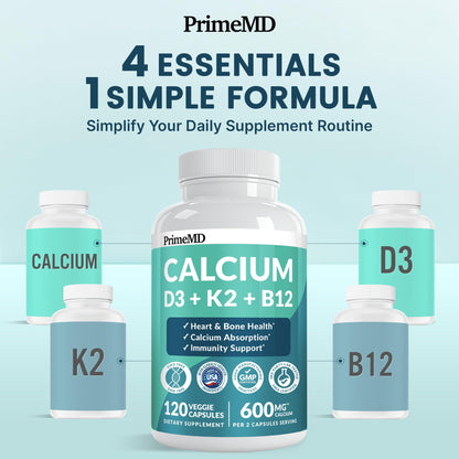 4-in-1 Calcium Supplements for Women & Men - Calcium Citrate with D3 K2 Vitamin 5000 IU - Calcium 600mg with Vitamin D3 K2 - Everyday Vitality Supplement - PrimeMD