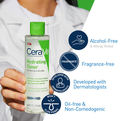 CeraVe Hydrating Toner for Face Non-Alcoholic with Hyaluronic Acid, Niacinamide, and Ceramides for Sensitive Dry Skin, Fragrance-Free Non Comedogenic, Full Size, 6.8 Fl Oz CeraVe