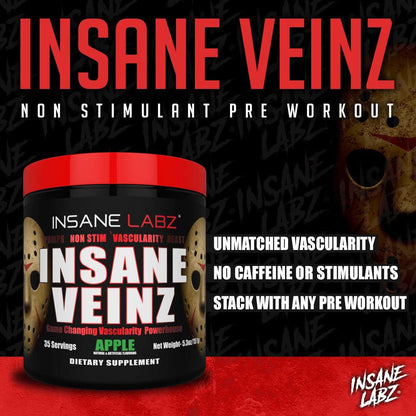 Insane Labz Insane Veinz Non Stimulant NO Enhancing Powder, Nitric Oxide Booster, Loaded with Agmatine Sulfate and Betaine Anhydrous, Increase Vascularity, 35 Srvgs, Fruit Punch