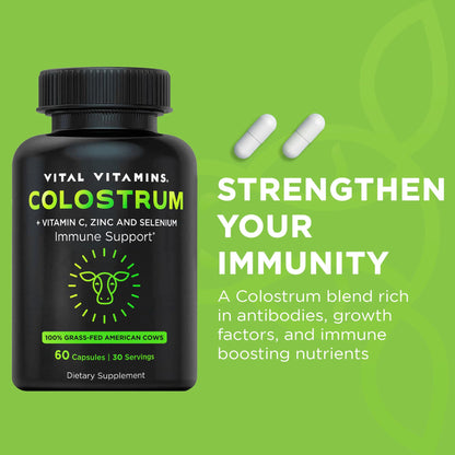 Vital Vitamins Colostrum Supplement, 30% IgG, Grass-Fed Bovine, 60 Capsules | Supports Immune Defense & Gut Health, Colostrum with Vitamin C, Zinc, & Selenium, Non-GMO Gsupps Australia