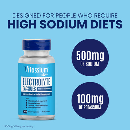 Vitassium Electrolyte Capsules, Electrolytes for The Management of POTS and High Sodium Diets (500mg Sodium - 100mg Potassium) Vitassium