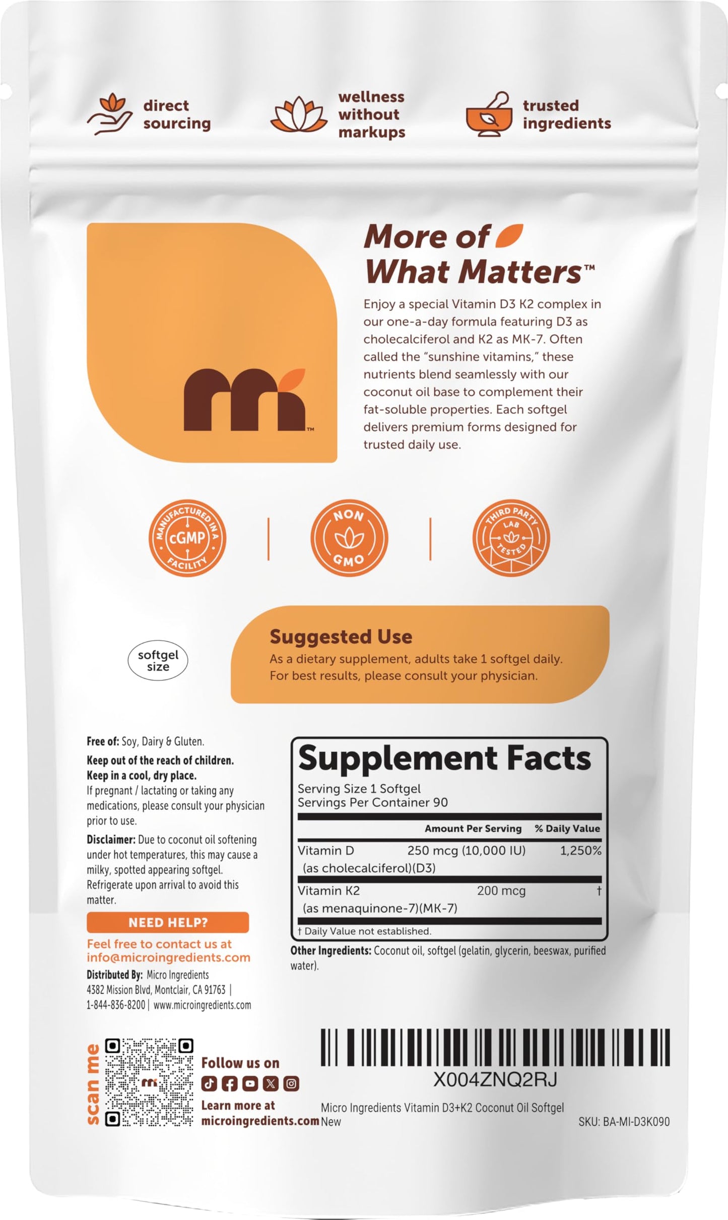 Micro Ingredients Vitamin D3 10,000 IU + K2 MK-7 200 mcg Per Serving, 90 Softgels | Extra Strength* 2-in-1 D3 K2 Supplement Micro Ingredients
