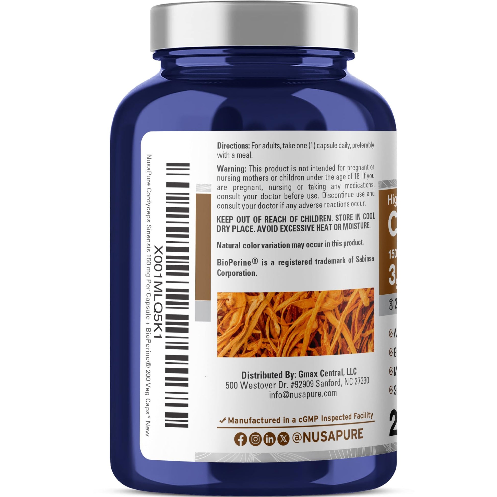 NusaPure Cordyceps 20:1 Extract, 150 mg Equivalent to 3,000mg 200 Veggie Capsules (Sinensis CS-4, Non-GMO, Vegan) Bioperine NusaPure buy australia supplements