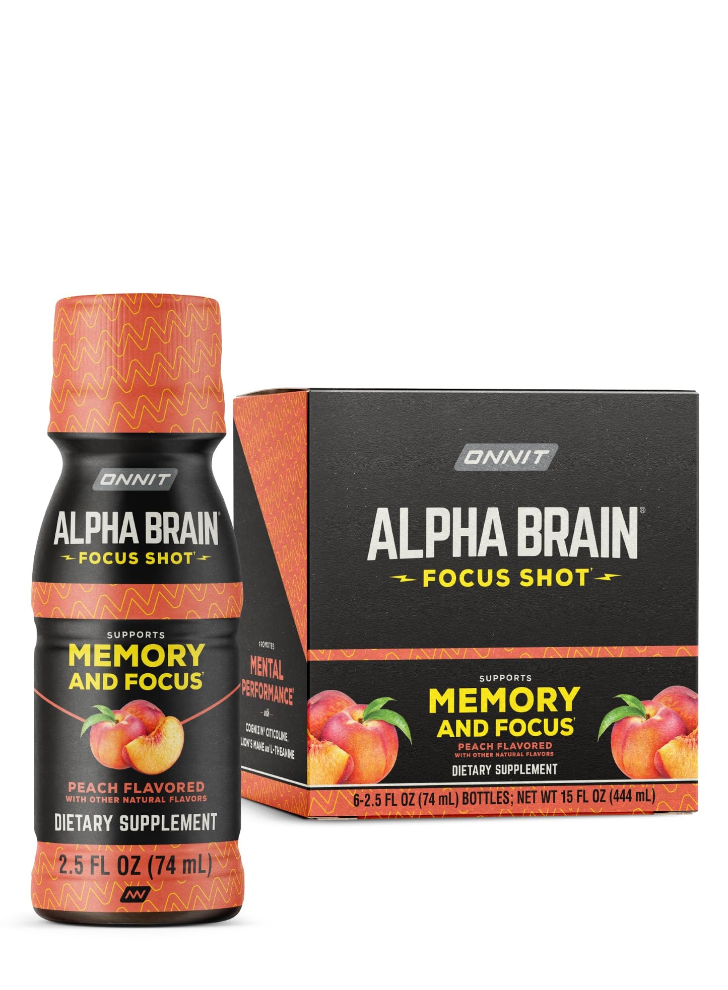 ONNIT Alpha Brain Focus Shot, Tropical Flavor, Nootropic Dietary Supplement Drink that Supports Energy, Focus, and Mood, IGEN™ Non-GMO Tested, 2.5 fl oz, 6 Count