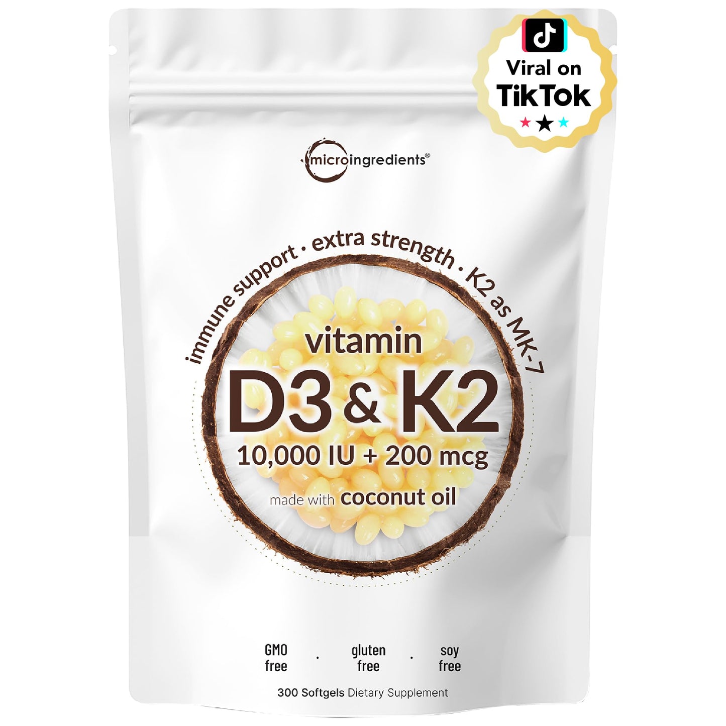 Micro Ingredients Vitamin D3 10,000 IU + K2 MK-7 200 mcg, 300 Softgels with Virgin Coconut Oil | 2-in-1 Vitamins D & K Complex Micro Ingredients