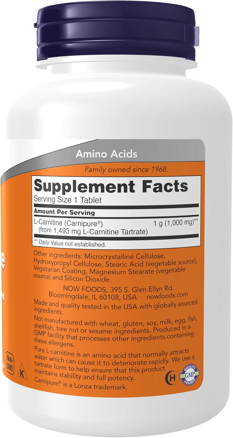 NOW Foods Supplements, L-Carnitine 1,000 mg, Purest Form, Amino Acid, Fitness Support*, 100 Tablets Gsupps Australia