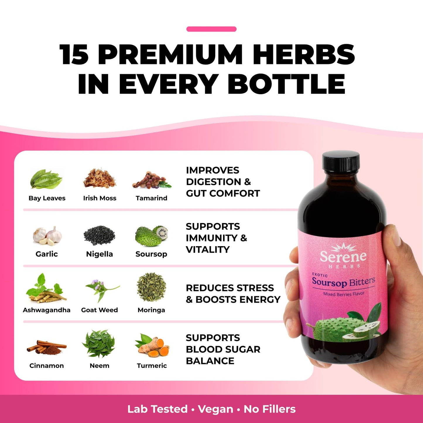 Serene Herbs Soursop Bitters Liquid with Soursop Leaves for Gut Cleanse, Detox & Immune Boost with Black Seed, Moringa, Irish Moss, Ashwaganda, Turmeric, 16 fl oz (16 Fl, Soursop)