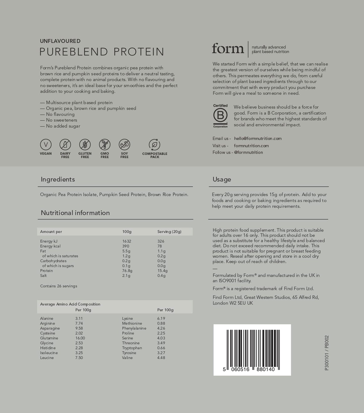 Form Pureblend Protein - Unflavoured and Unsweetened Vegan Protein Powder FormBuy Supplements Australia