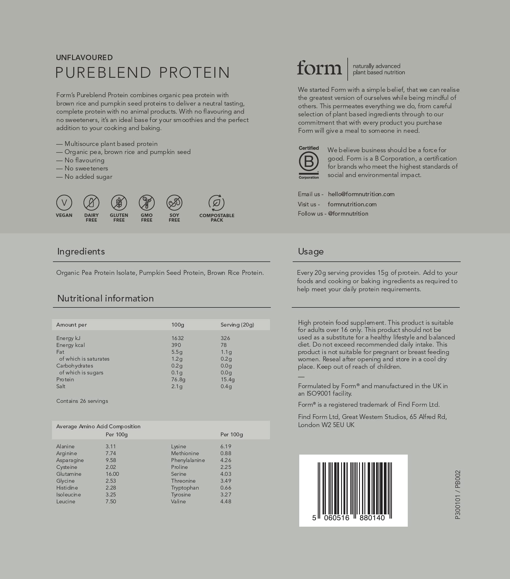 Form Pureblend Protein - Unflavoured and Unsweetened Vegan Protein Powder Form buy australia supplements