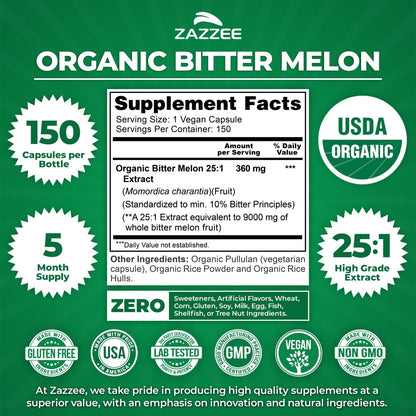Zazzee USDA Organic Bitter Melon 25:1 Extract, 10% Bitter Principles, Vegan | 150 Capsules, 5 Month Supply, Extra Strength, Momordica Charantia, Antioxidant & Metabolic Support, Non-GMO, Made in the USA Gsupps Australia