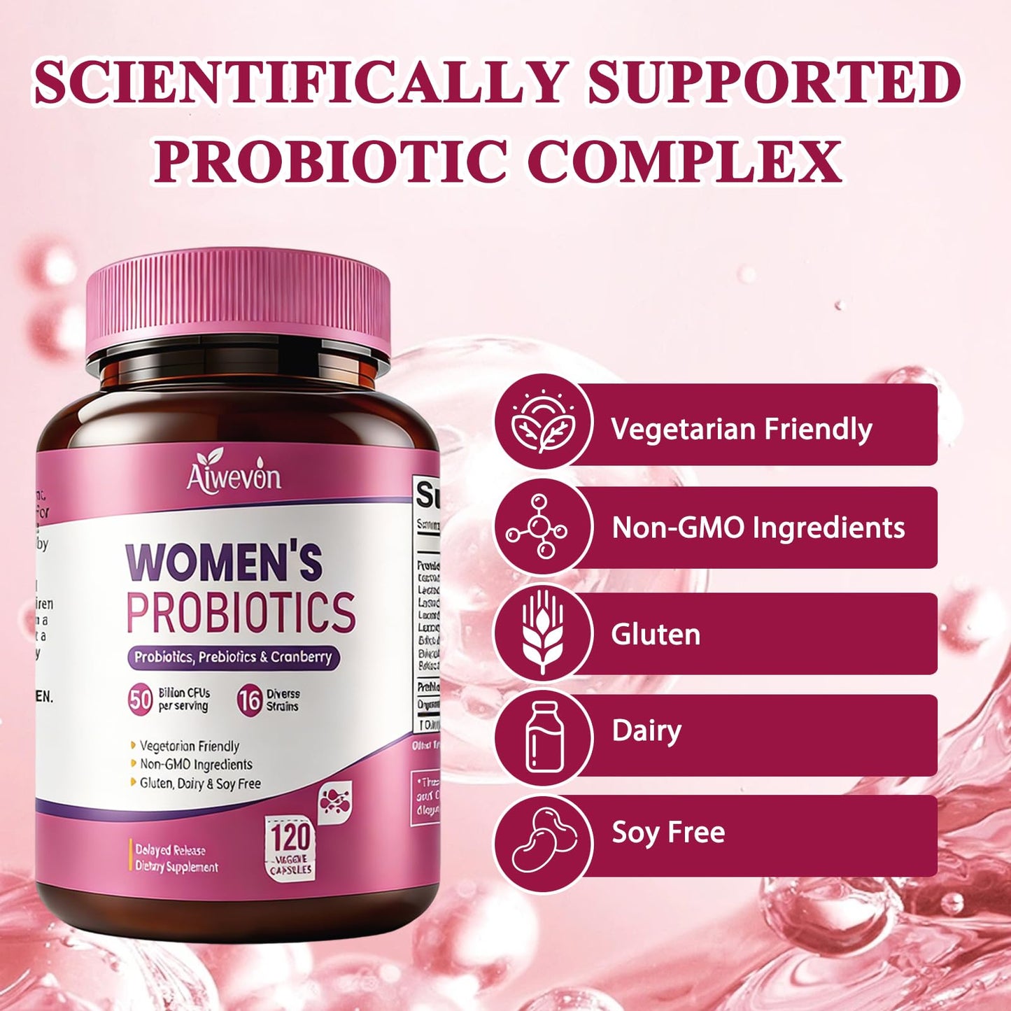 Women Probiotics 50 Billion CFU: Probiotics for Women with Prebiotics & Cranberry, 16 Strain Probiotic Supplement for Digestive Gut Health, Vaginal & Urinary Tract Support Aiwevon
