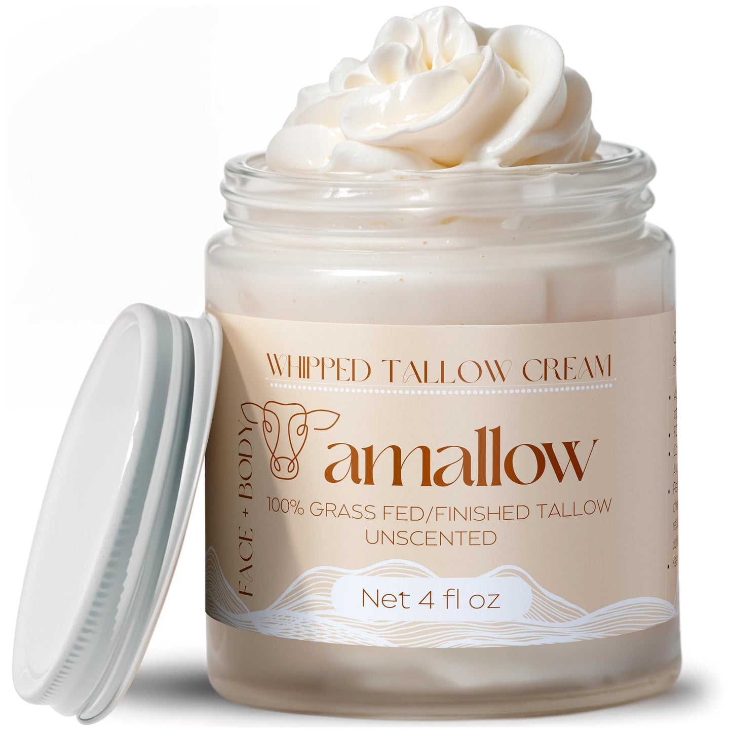 Amallow 100% Grass Fed Beef Tallow for Skin Care - Face + Body - Whipped Moisturizer for Sensitive Skin - Natural Lotion, 4 FL. oz. (Unscented) Amallow
