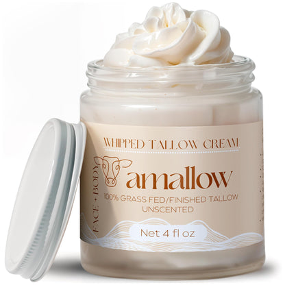 Amallow 100% Grass Fed Beef Tallow for Skin Care - Face + Body - Whipped Moisturizer for Sensitive Skin - Natural Lotion, 4 FL. oz. (Unscented) Amallow