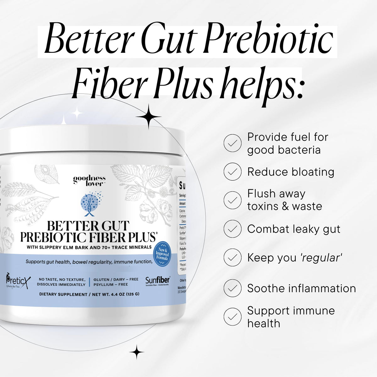 Goodness Lover Better Gut Prebiotic Fiber Plus, Digestive Health Supplement for Gut Health Support, Bloat Relief & Regularity Support, 30 Servings Goodness Lover