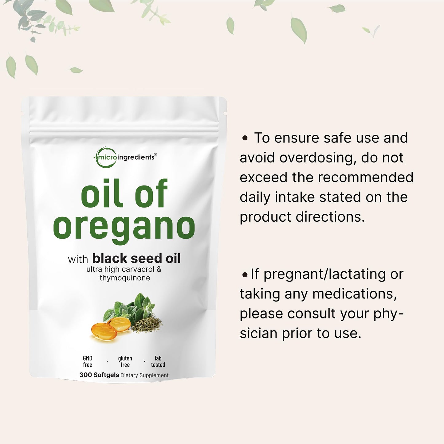 Micro Ingredients Oil of Oregano Softgels, 300 Count | 2 in 1 Formulated | 4X Strength Carvacrol & Thymoquinone | Plant Based, Non-GMO Micro Ingredients