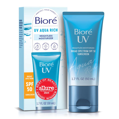 Biore UV Aqua Rich Daily Hydrating Facial Moisturizer with SPF 50 | Oil Free Sunscreen Bioré