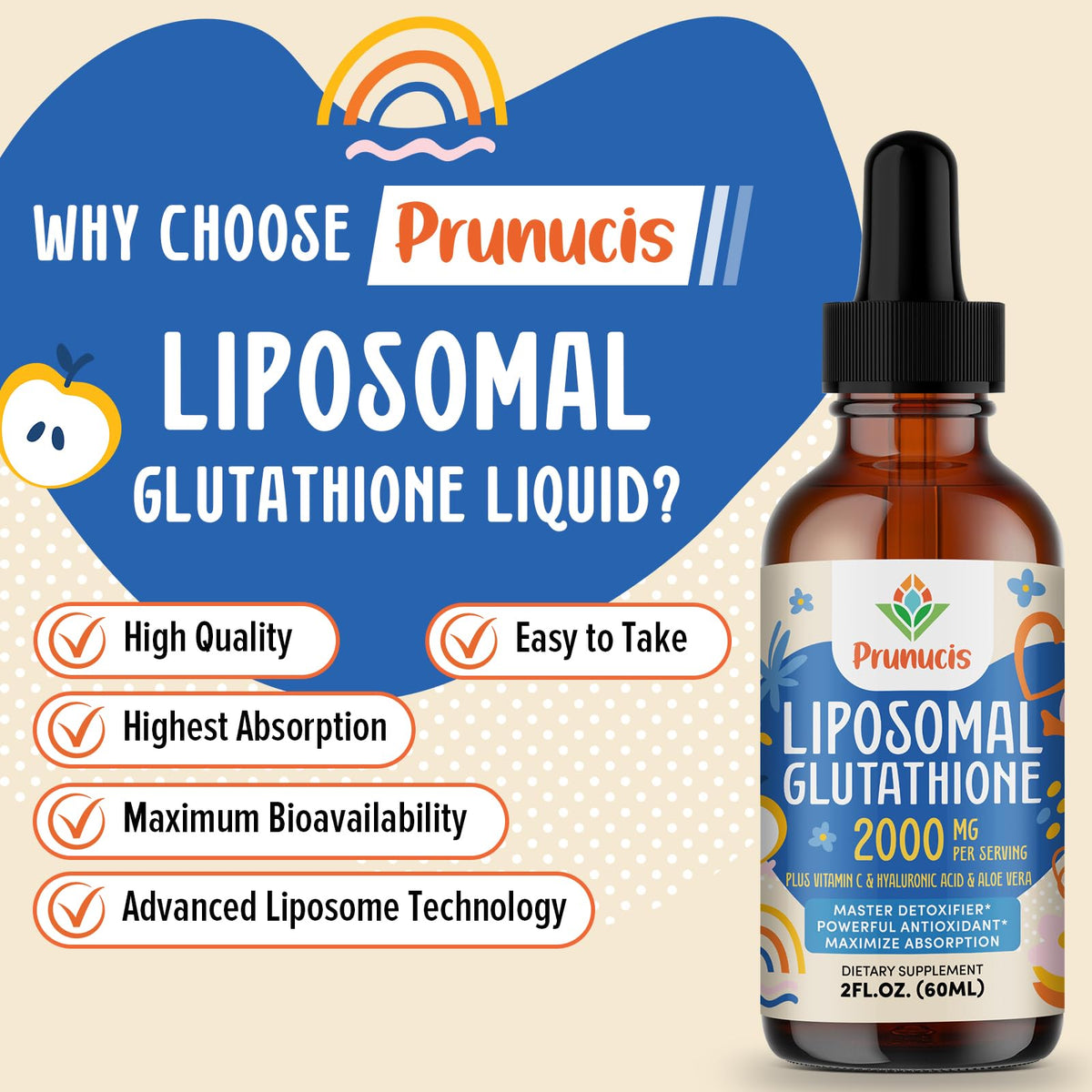 Prunucis 2000MG Liposomal Glutathione Liquid, 98% Absorption, Active Form L-Glutathione Supplement, Prunucis