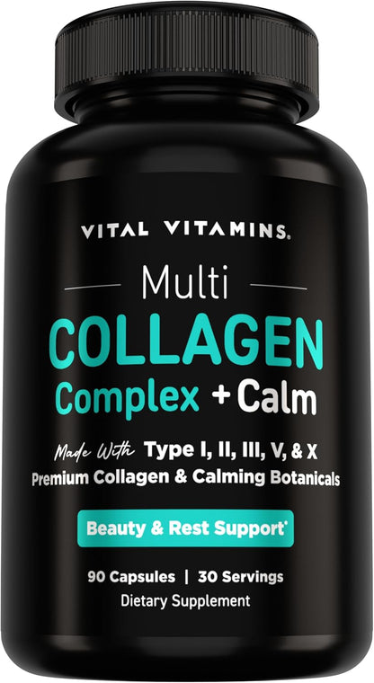 Vital Vitamins Multi Collagen Complex + Calm with Ashwagandha, 90 Capsules | Melatonin-Free Relaxation, 5 Collagen Types I, II, III, V & X with L-Theanine, Ashwagandha, GABA & Magnesium Glycinate Gsupps Australia