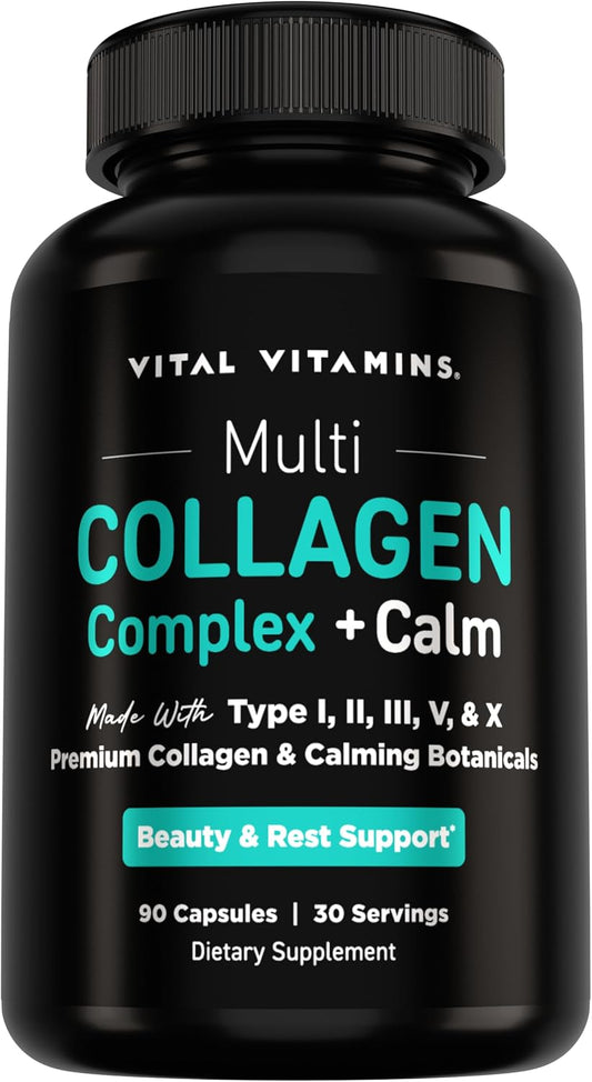 Vital Vitamins Multi Collagen Complex + Calm with Ashwagandha, 90 Capsules | Melatonin-Free Relaxation, 5 Collagen Types I, II, III, V & X with L-Theanine, Ashwagandha, GABA & Magnesium Glycinate Gsupps Australia