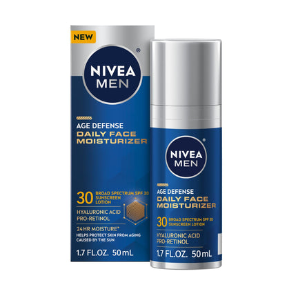 NIVEA MEN Age Defense Daily Face Moisturizer with Broad Spectrum SPF 30 Sunscreen, Pro-Retinol and Hyaluronic Acid, Beard-Friendly NIVEA MEN