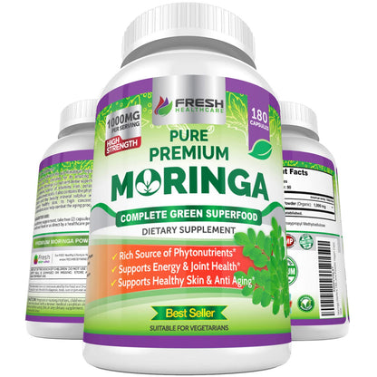 FRESH HEALTHCARE Moringa Capsules – 100% Pure Leaf Powder - 180 Pills, Non-GMO - 3 Month Supply - Complete Green Superfood for Energy FRESH HEALTHCARE