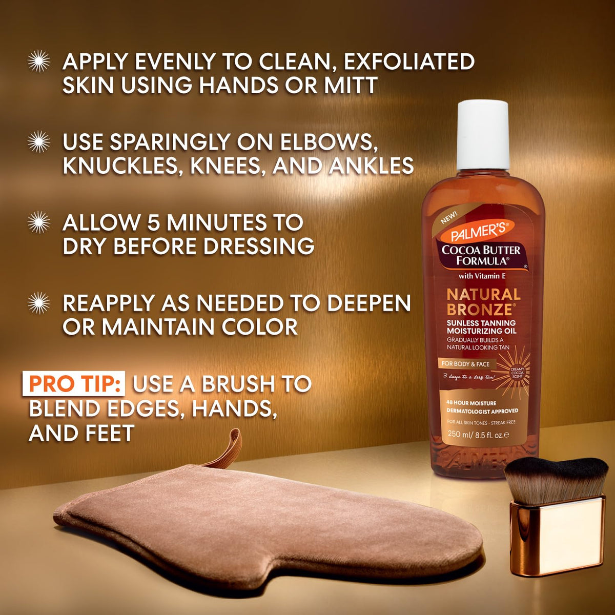 Palmer’s Cocoa Butter Formula, Natural Bronze Sunless Tanning Moisturizing Body Oil (8.5 fl oz), Face & Body Gradual Tanner, Buildable, Natural-Looking Tan in 3 Days, No Streak, 48-Hour Moisture Palmer's