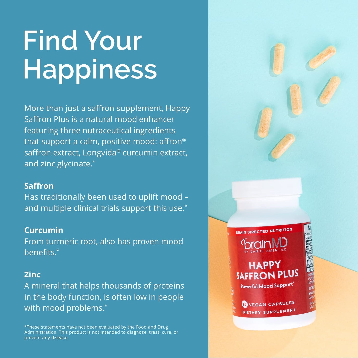BRAINMD Dr Amen Happy Saffron Plus - 90 Capsules - with Saffron Flower Extract, Curcumin & Zinc - Vegan BRAINMD