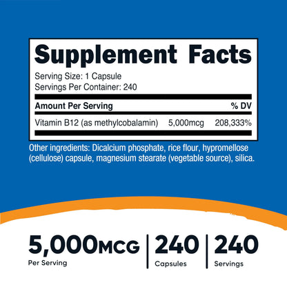 Nutricost Vitamin B12 (Methylcobalamin) 5000mcg, 240 Capsules - Vegetarian Caps, Non-GMO, Gluten Free B12 Supplement Nutricost